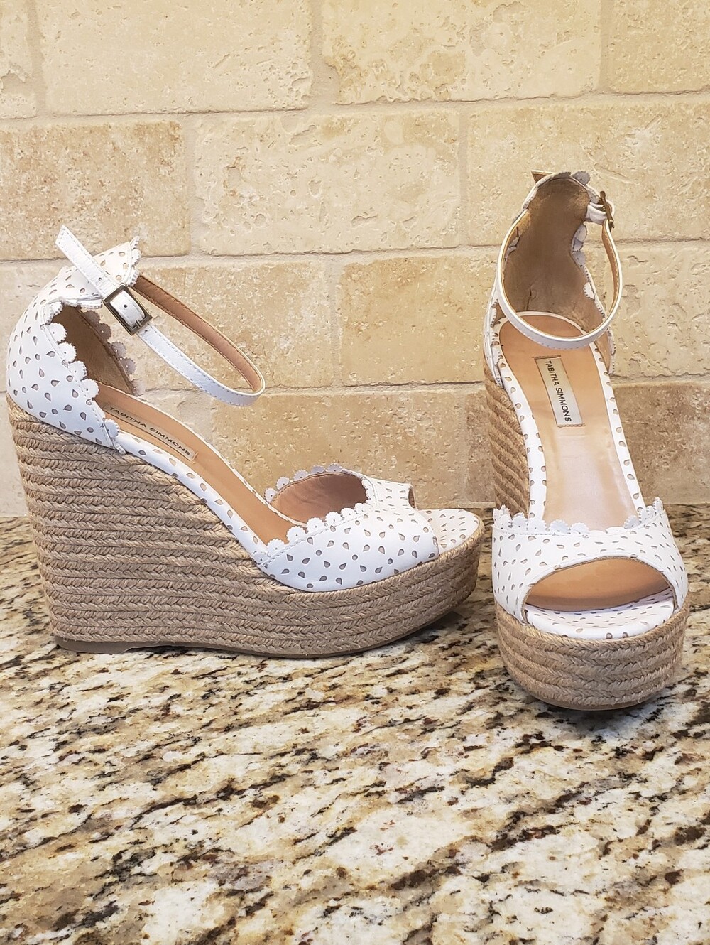 Tabitha Simmons White Perforated Leather Scallop Espadrille Wedge Sandals